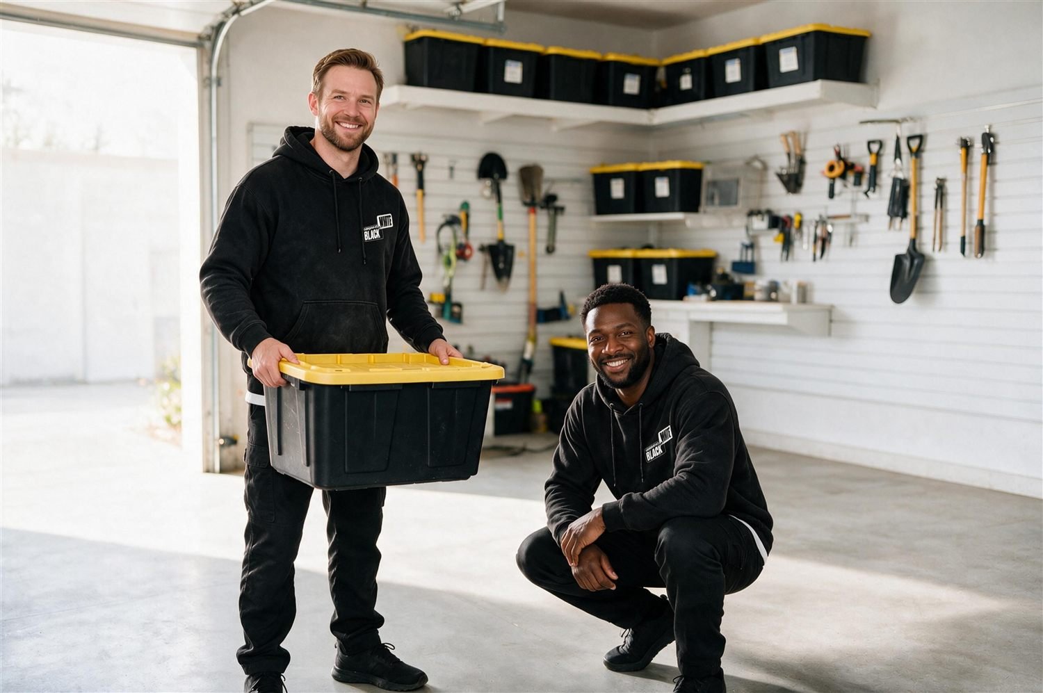 Two Simple as Black and White crew members in branded hoodies inside a finished, organized garage